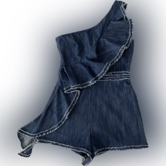 ALEXIS Denim Romper One Shoulder Asymmetrical Ruffle Jean Short JumpSuit BLAKELY - Picture 5 of 15